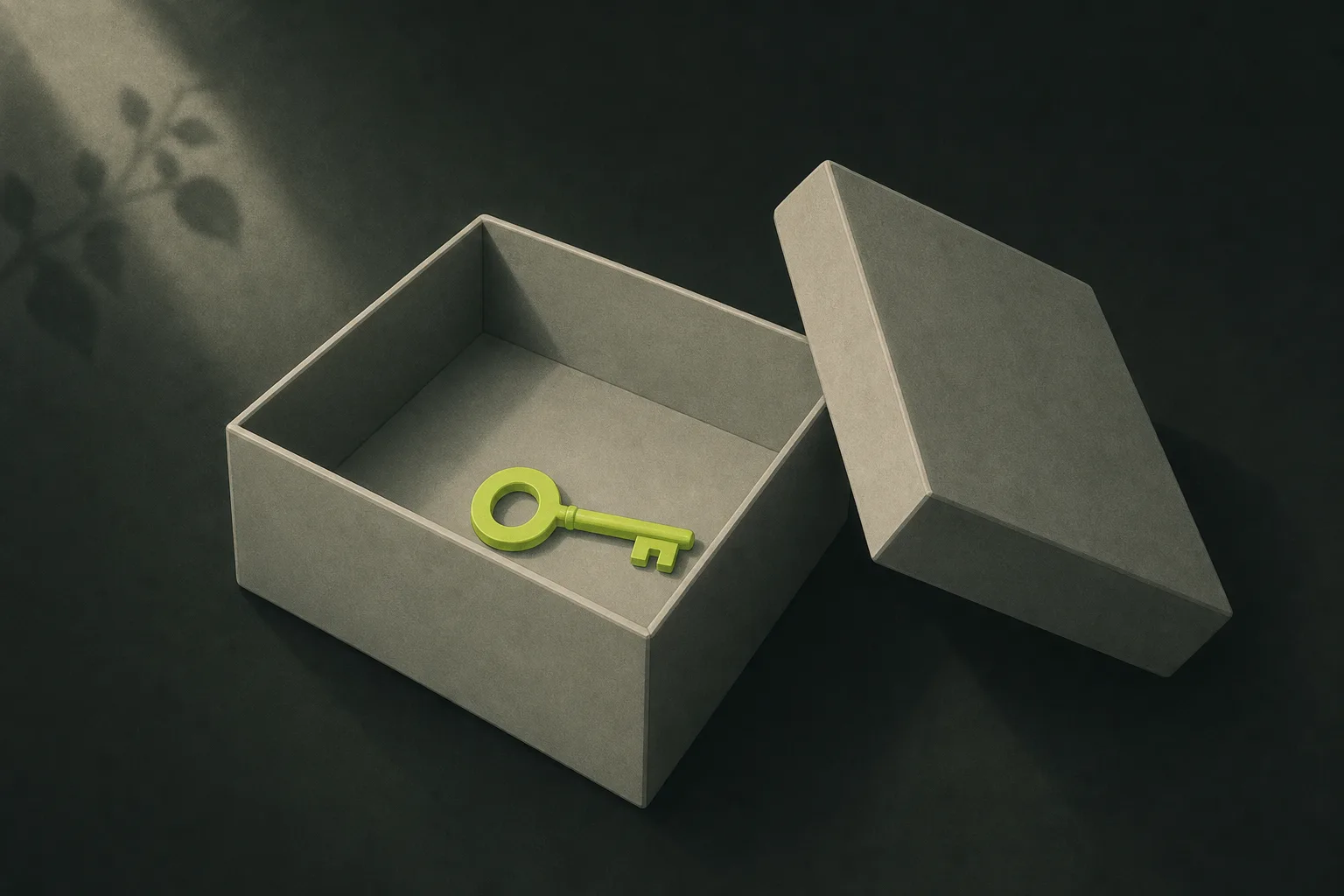 An open sage grey gift box on a near-black green-tinted ground with its lid set down beside it and a small acid green key lying inside.