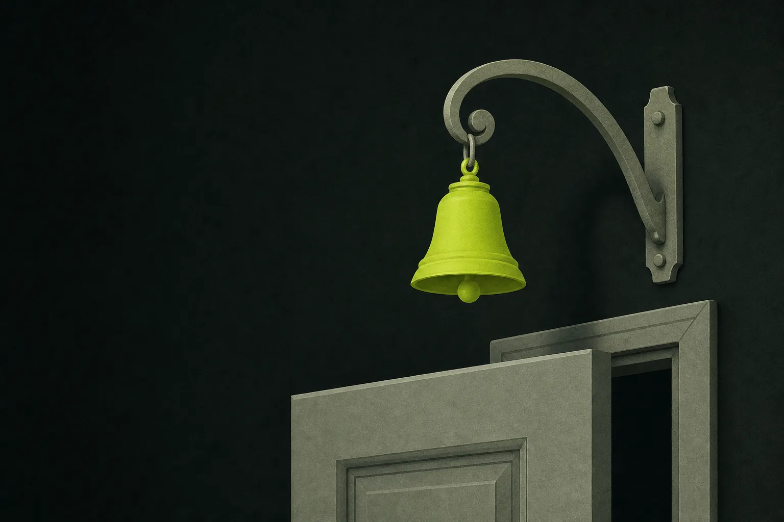 A small acid green shop bell hanging from a curved sage grey wall bracket above a half-open grey door, on a near-black green-tinted ground.