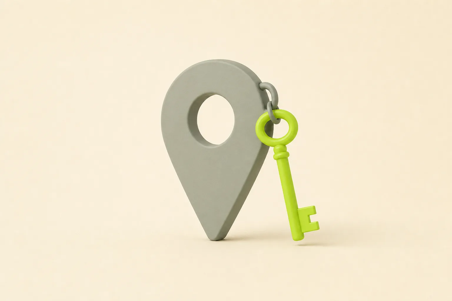 A plain sage grey map pin standing upright on a bone-cream ground, with a solid acid green old-fashioned key hanging from a small ring at its side.