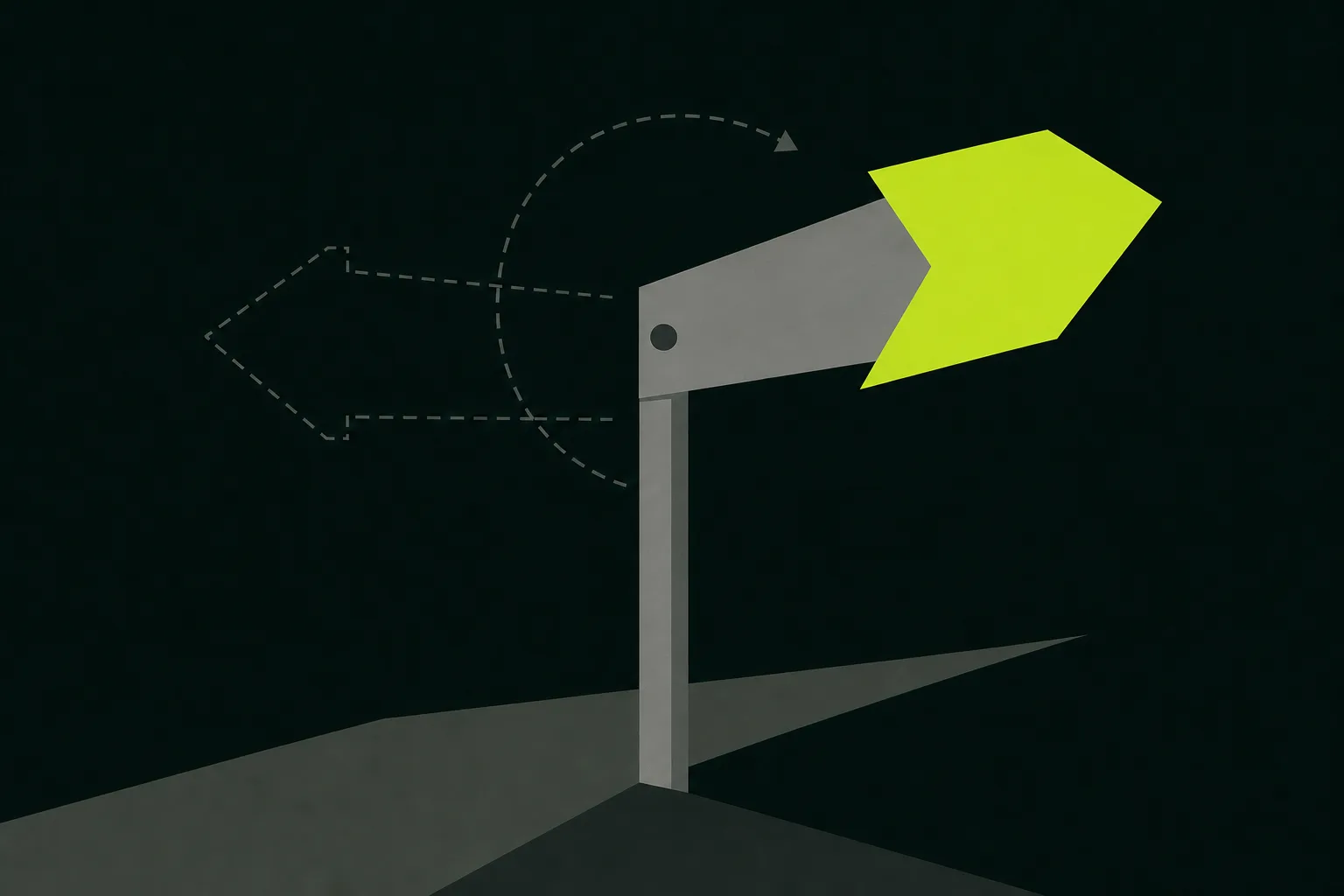 A grey signpost arrow swinging away from a faded arrow-shaped outline left behind it, coming to rest pointing a new direction in solid acid green, on a near-black ground.