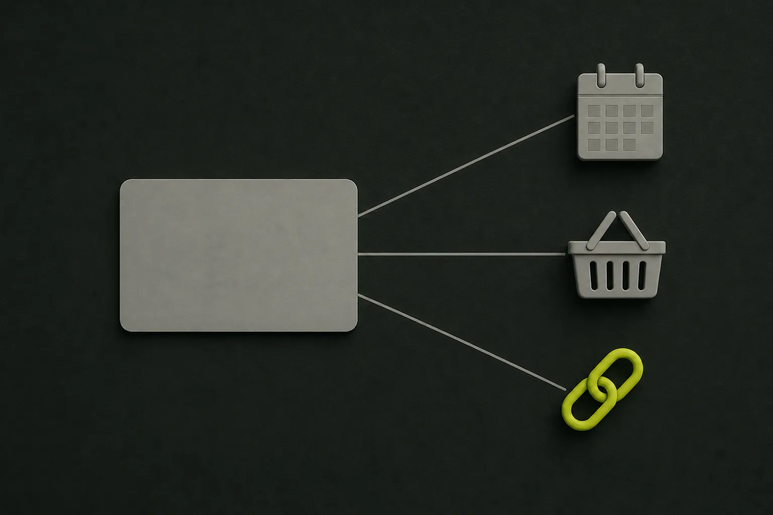 A blank sage grey payment card on a near-black green-tinted ground with thin grey lines running to a small calendar block, a shopping basket and one solid acid green chain link.
