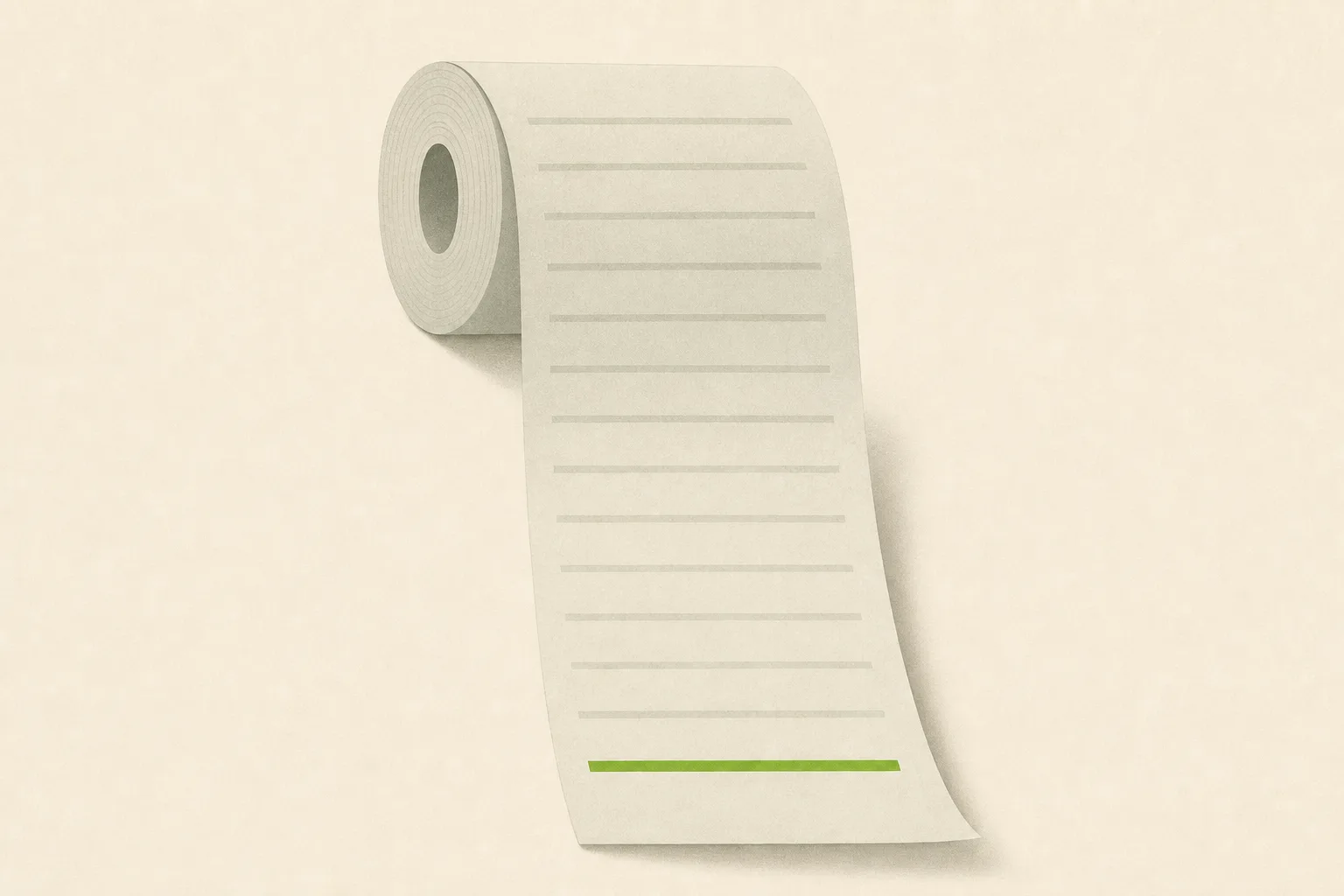A coiled roll of pale sage-grey till receipt paper unspooling down a bone-cream ground, most of it blank, with one printed line near the bottom of the roll rendered in solid acid green as though it alone had been written down and kept.