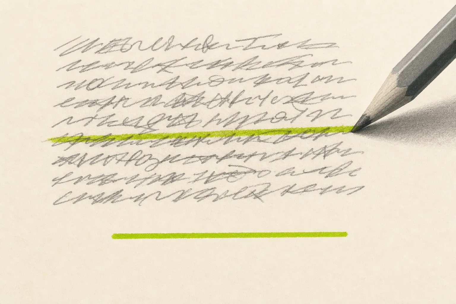 A grey pencil crossing out a cluttered block of small dense text on a bone-cream ground, leaving one short line rewritten cleanly in acid green beneath it.