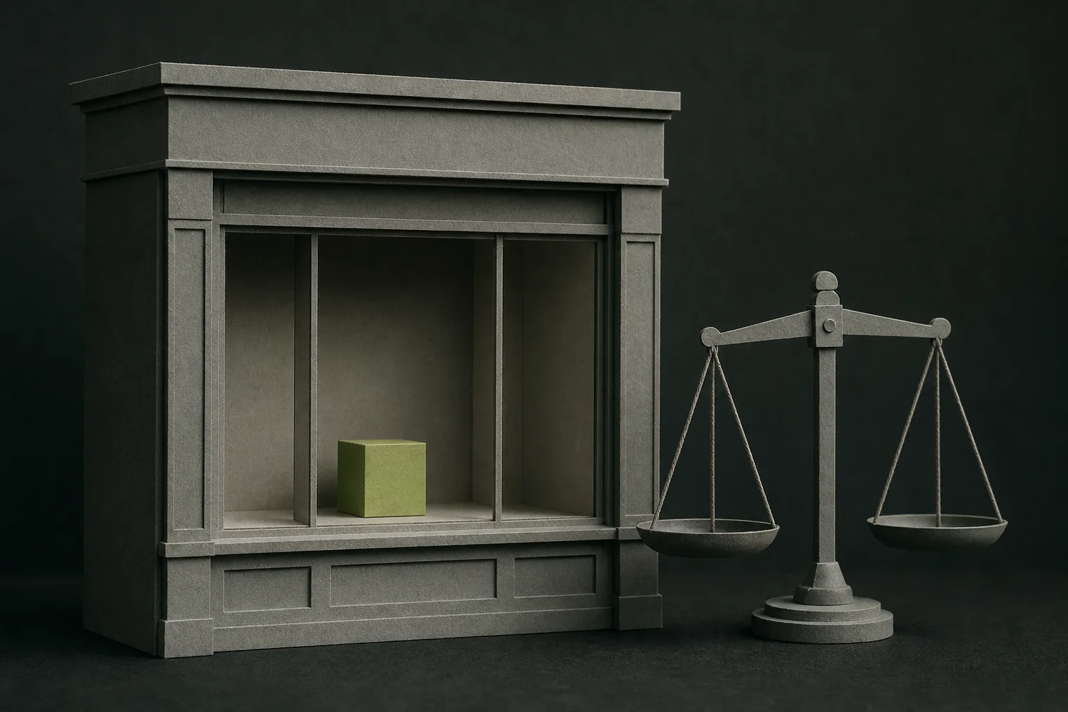 A sage grey card model of an empty shop window on a near-black green-tinted ground, a single acid green cube on its display shelf and an empty set of grey balance scales beside it.