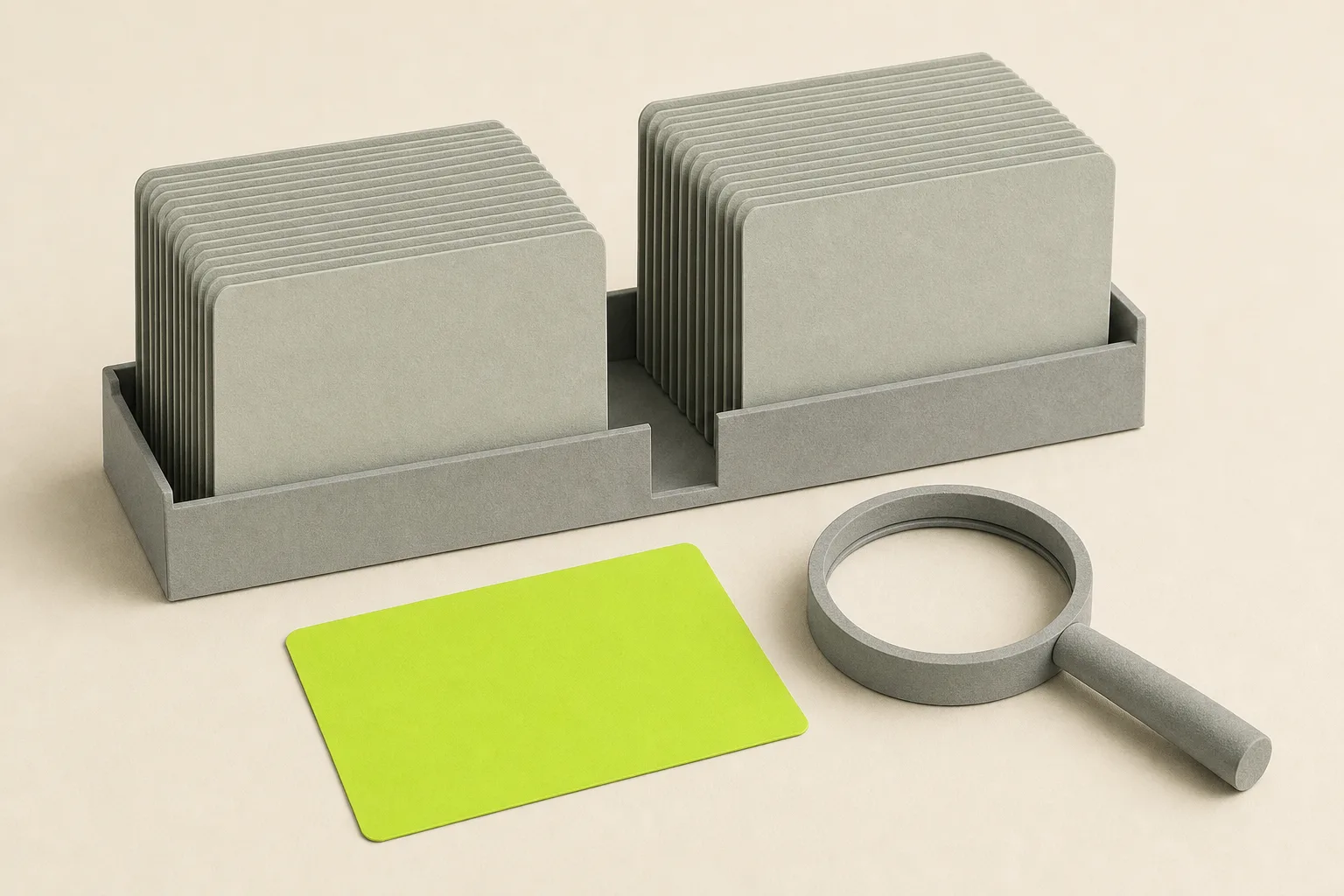 A row of blank sage grey index cards standing in a low tray on a bone-cream ground, with a gap where one acid green card has slipped out and lies in front beside a grey magnifying glass.