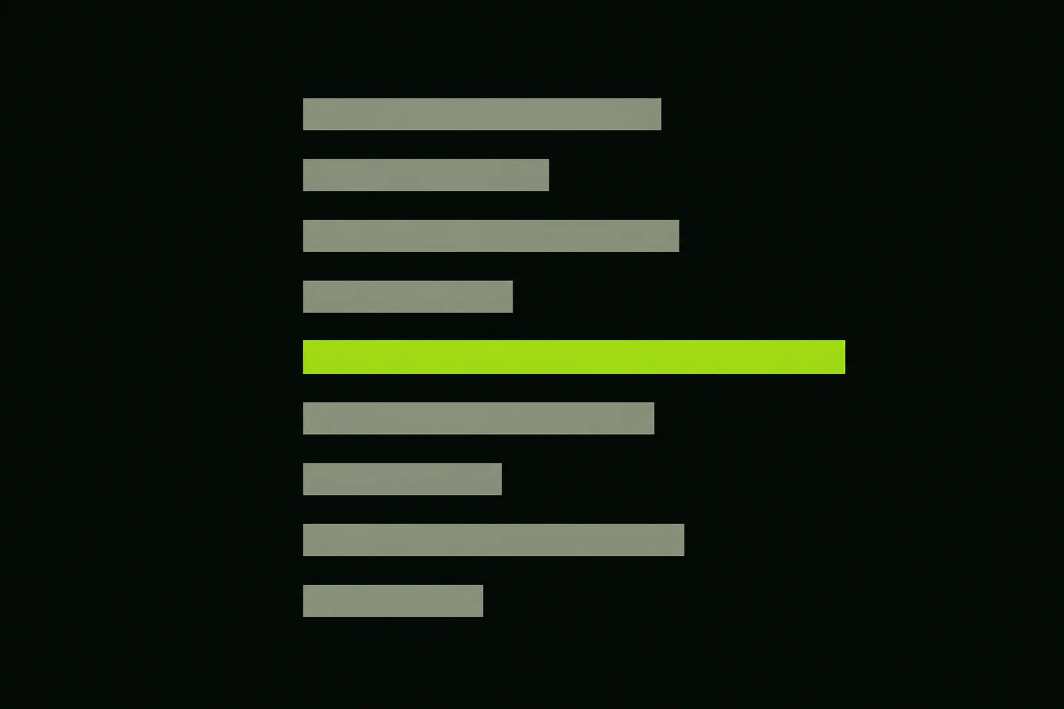 A vertical stack of short grey bars like lines of small print on a near-black ground, with one bar picked out in solid acid green.