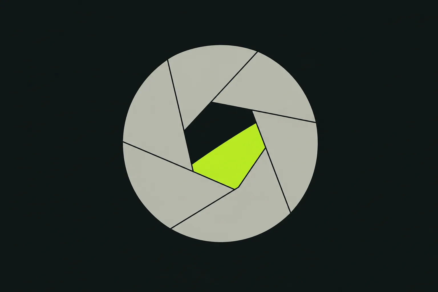 A grey camera aperture on a near-black green-tinted ground, its blades fanned open at an angle, a single wedge of acid green light spilling through the gap at the centre.