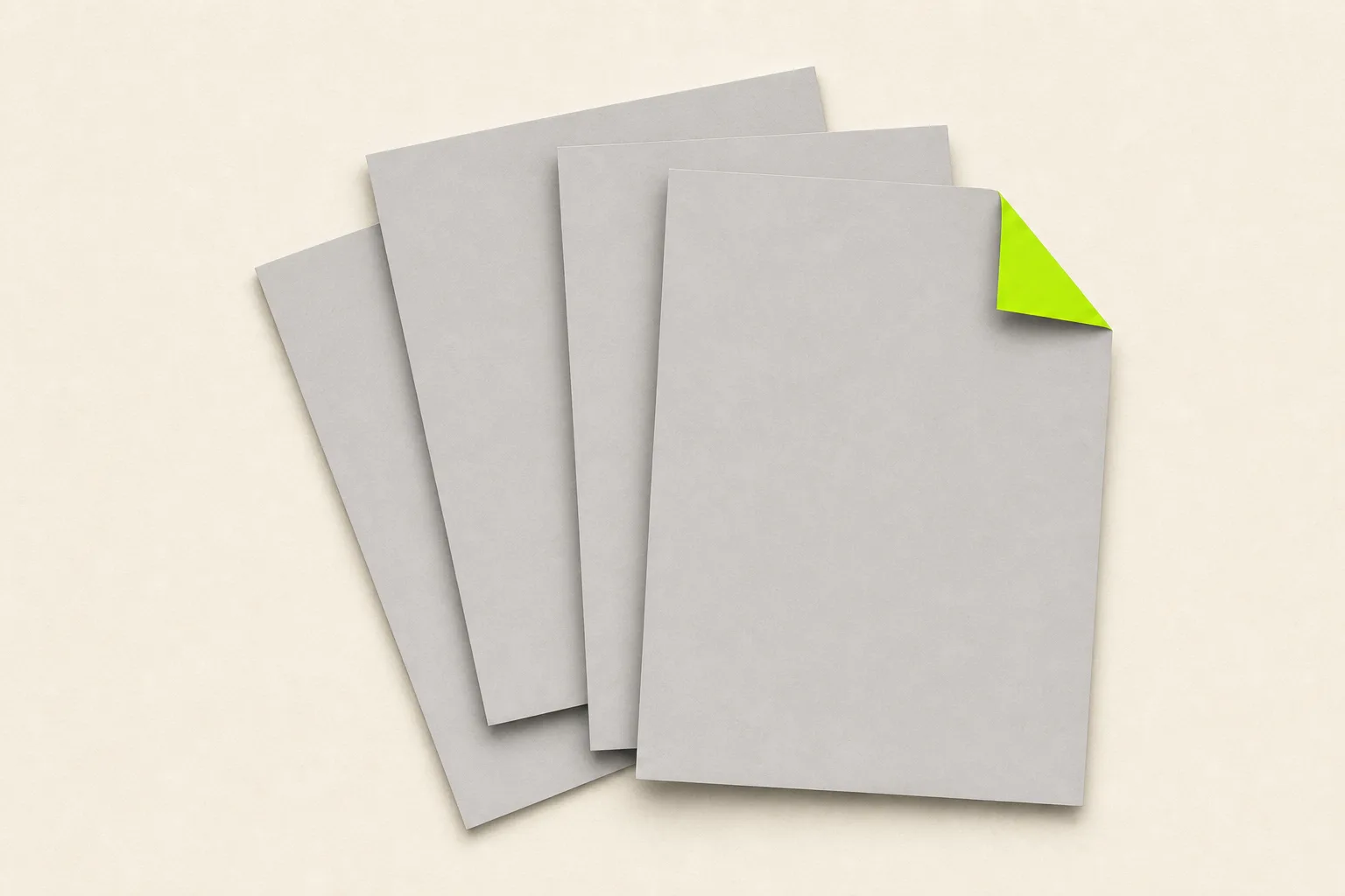 Three overlapping grey paper quotes fanned out on a bone-cream ground, one corner of the top sheet folded back in acid green as if flagged for a second look.