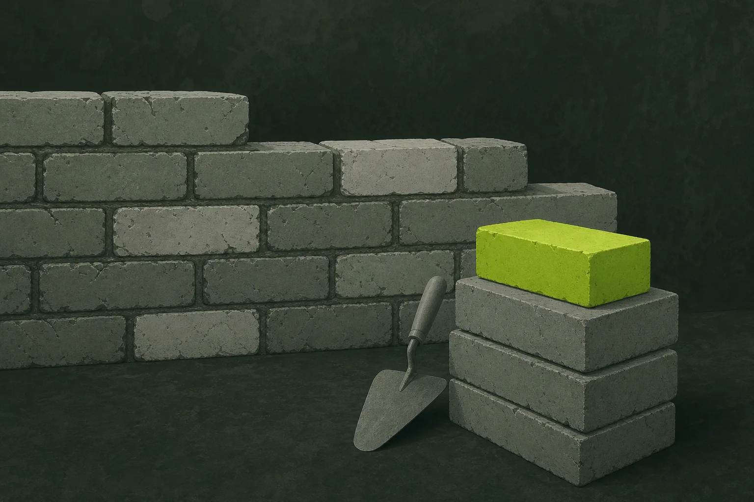 A low wall of worn sage grey bricks on a near-black green-tinted ground, a few patched in paler grey, beside a small stack of new bricks topped with one acid green brick and a grey trowel.