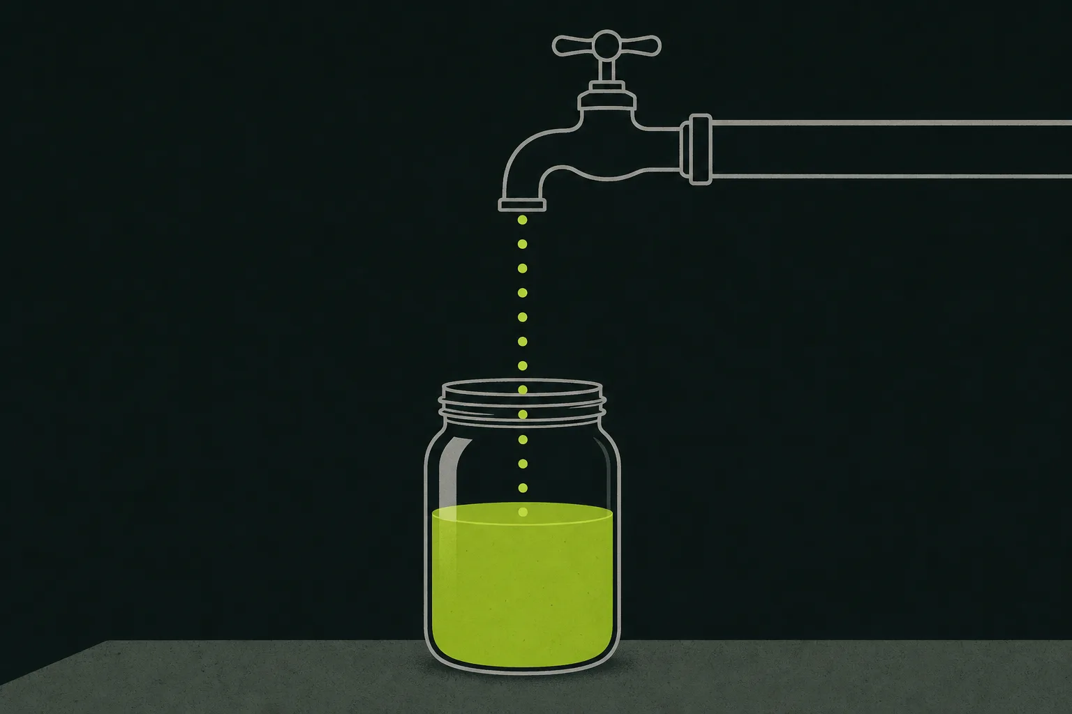 A grey tap dripping steady acid green droplets into a glass jar already half full of the same green liquid, against a bone-cream ground.