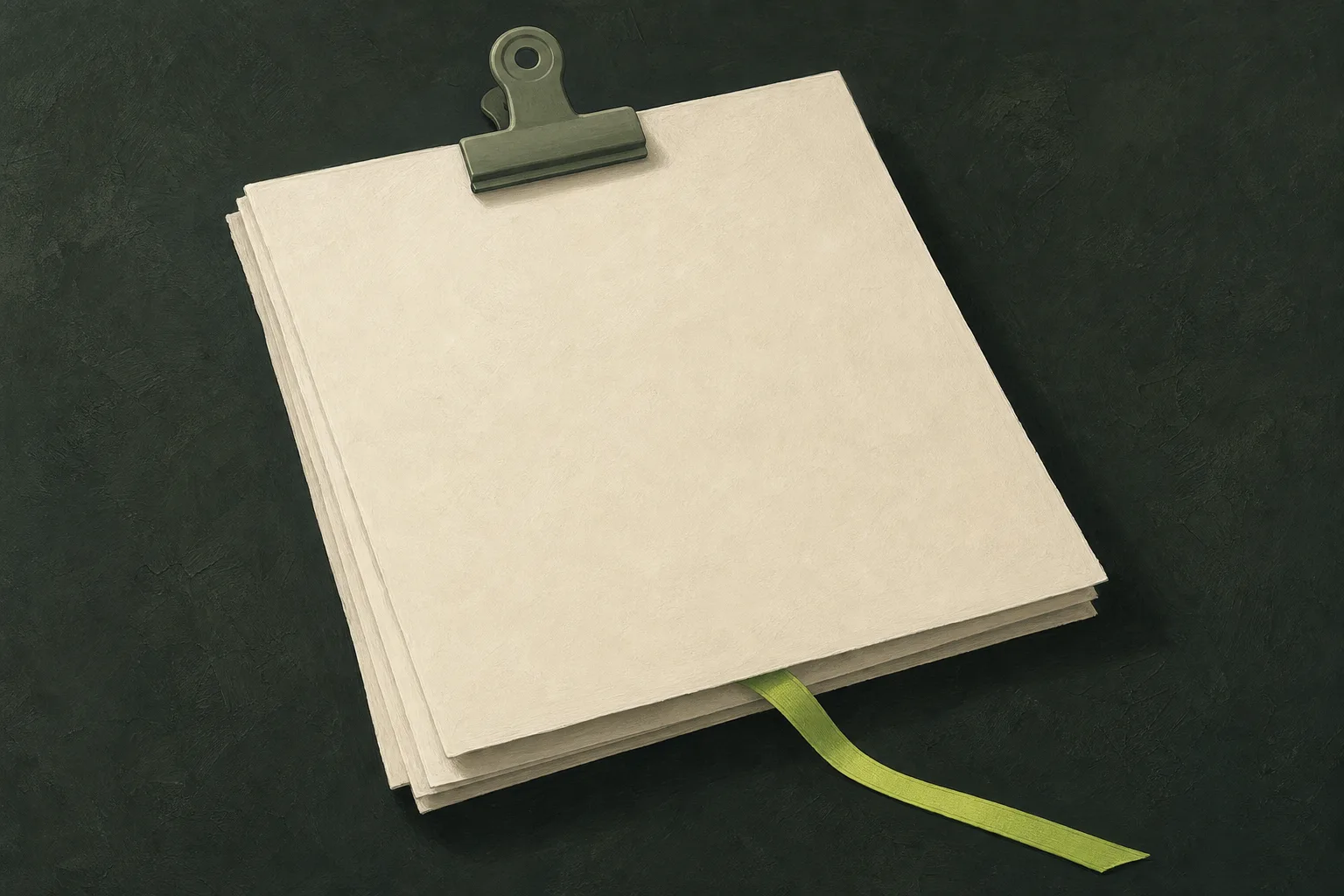 A short stack of blank bone-coloured paper held by a sage grey bulldog clip on a near-black green-tinted ground, with a thin acid green ribbon trailing out from between the sheets.