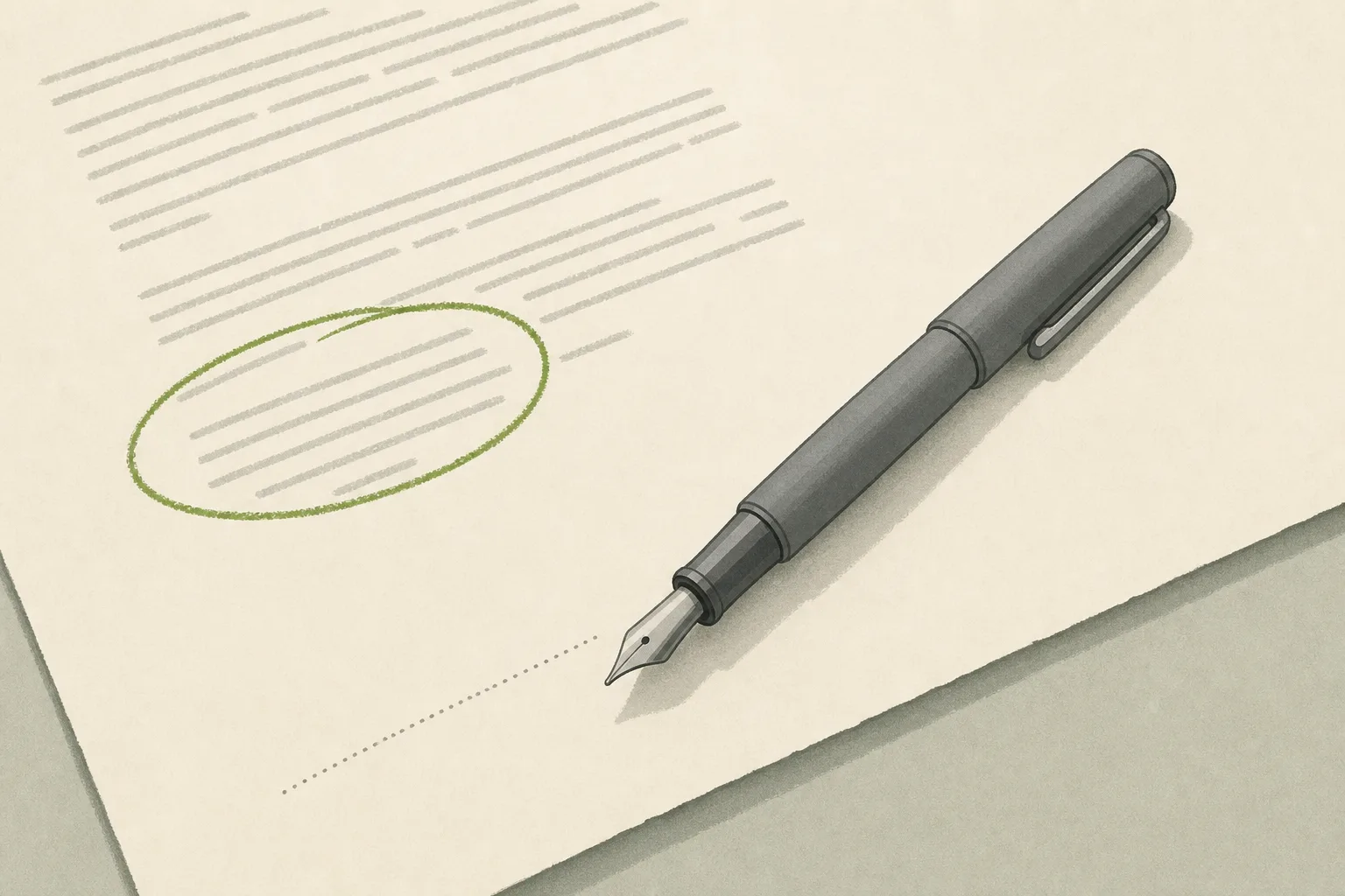 A plain grey fountain pen resting beside a dotted signature line on a bone-cream document, one paragraph of fine print elsewhere on the page circled in acid green.