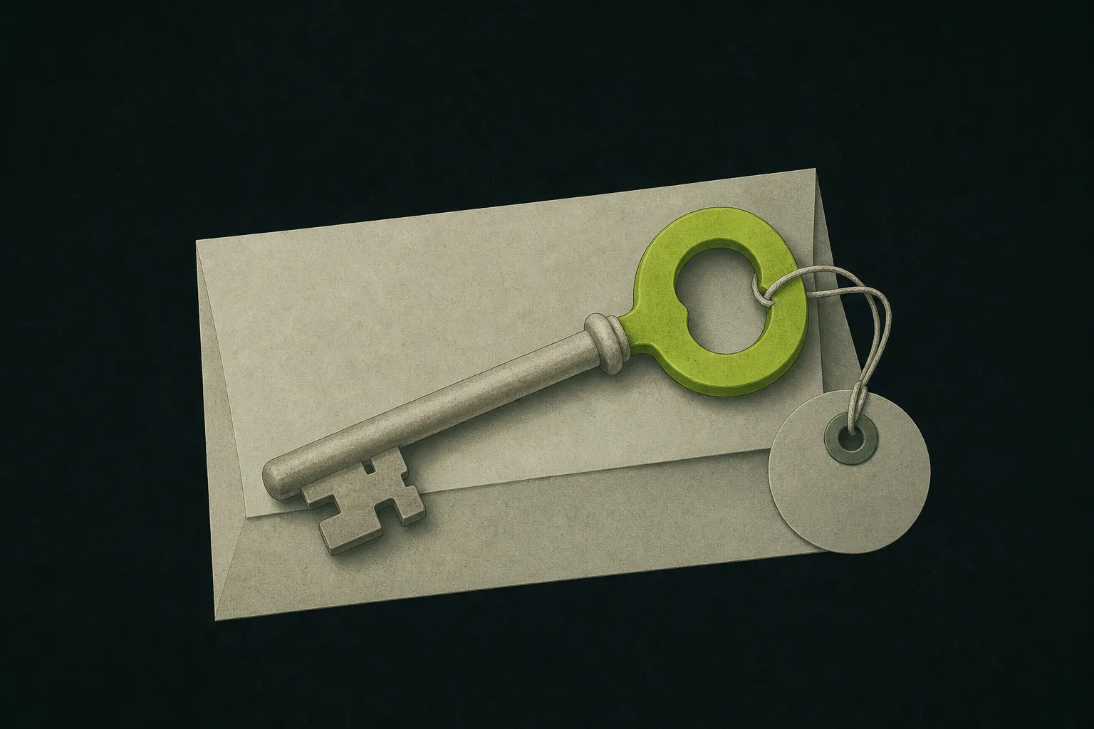 A grey key with an acid green handle resting on a plain envelope, a blank paper tag tied to it, against a near-black background.