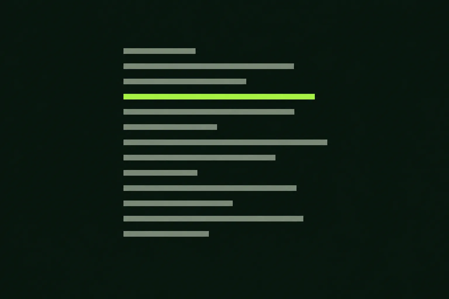 A stack of short pale sage-grey bars like abstract lines of text on a near-black green-tinted ground, with one bar a third of the way down glowing solid acid green as though singled out to be read aloud.