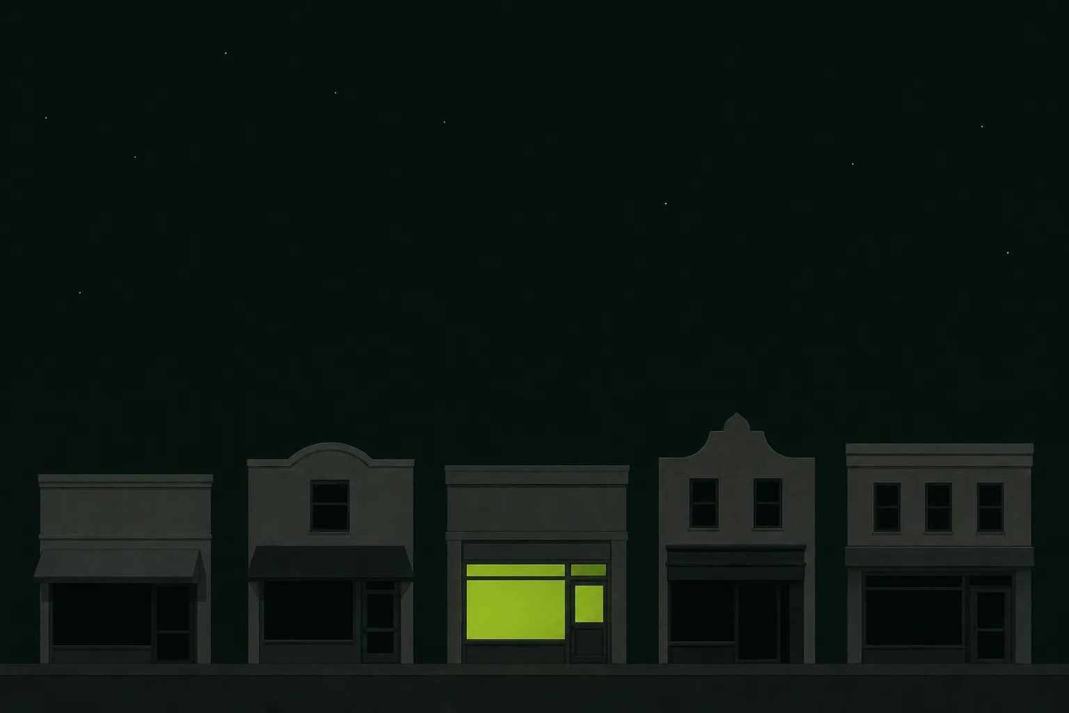 A row of small grey shopfronts silhouetted against a near-black green-tinted sky, every window dark but one, which glows steady acid green as though someone is still working inside.