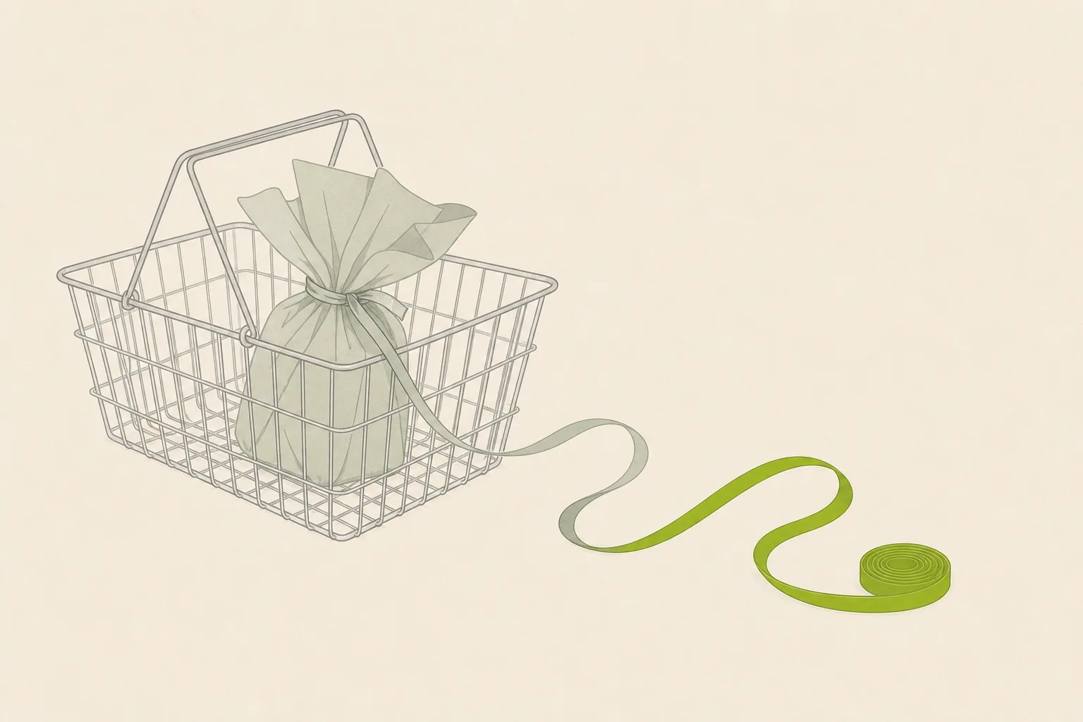 A plain grey shopping basket on a bone-cream ground, one item inside wrapped in pale tissue trailing a thin curling ribbon that turns solid acid green as it lengthens into a small coin shape.