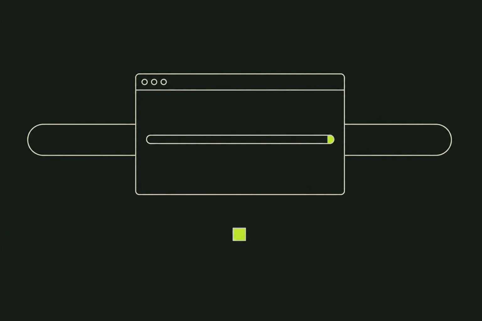 A pale sage-grey pop-up window outline on a near-black green-tinted ground, its progress bar drained to a bare acid green end cap that loops on past the window edge, a single filled acid green checkbox below.