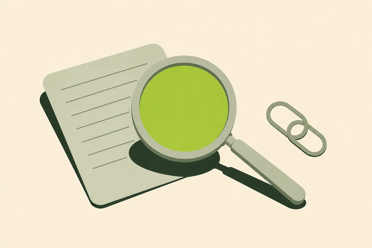 A pale sage-grey document with ruled lines on a bone-cream ground, held open by a thin magnifying glass whose lens is filled solid acid green, with an empty outlined chain-link shape beside it.