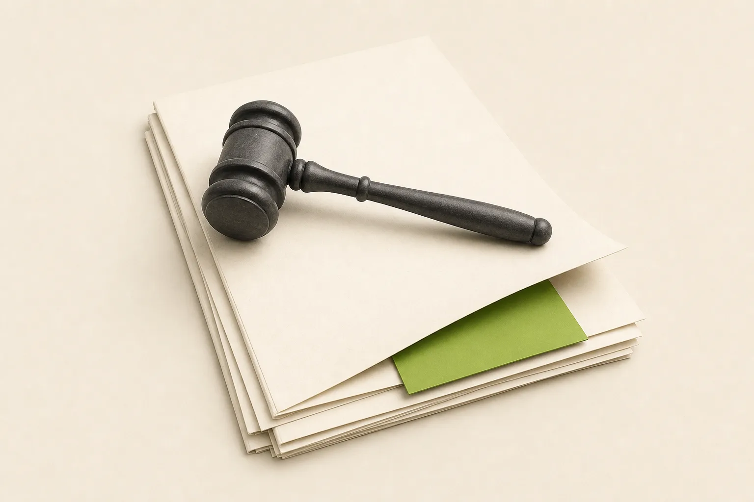 A small charcoal-grey gavel resting on a neat stack of pale ivory documents on a bone-cream ground, the topmost page lifted at the corner to reveal a plain rectangular card underneath in solid acid green.