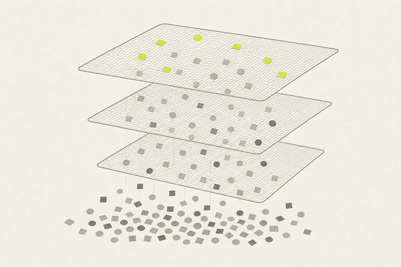 Three stacked mesh screens with small grey tiles falling through them into a drift below, while a handful of tiles are held on the top screen and picked out in acid green.