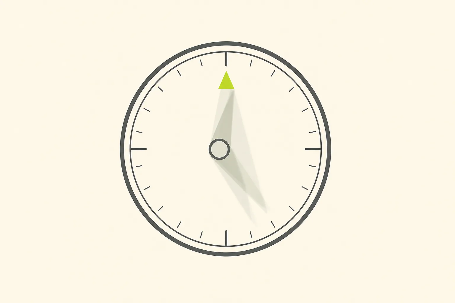 A plain charcoal compass face on a bone-cream ground, its needle drawn as a blurred sage-grey sweep still settling across the dial, with only the topmost needle tip resolved into a single steady point of solid acid green.