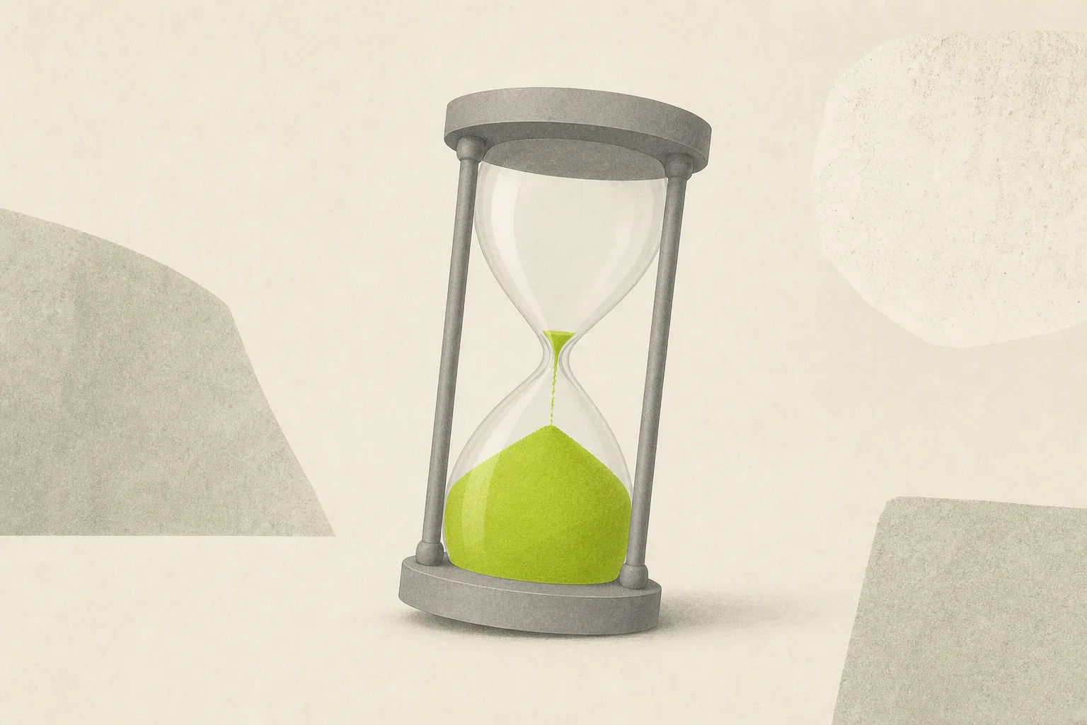 A plain grey hourglass tilted on a bone-cream ground, its lower chamber nearly full of sand rendered in solid acid green while only a thin trickle still falls through the neck from an almost-empty upper chamber.