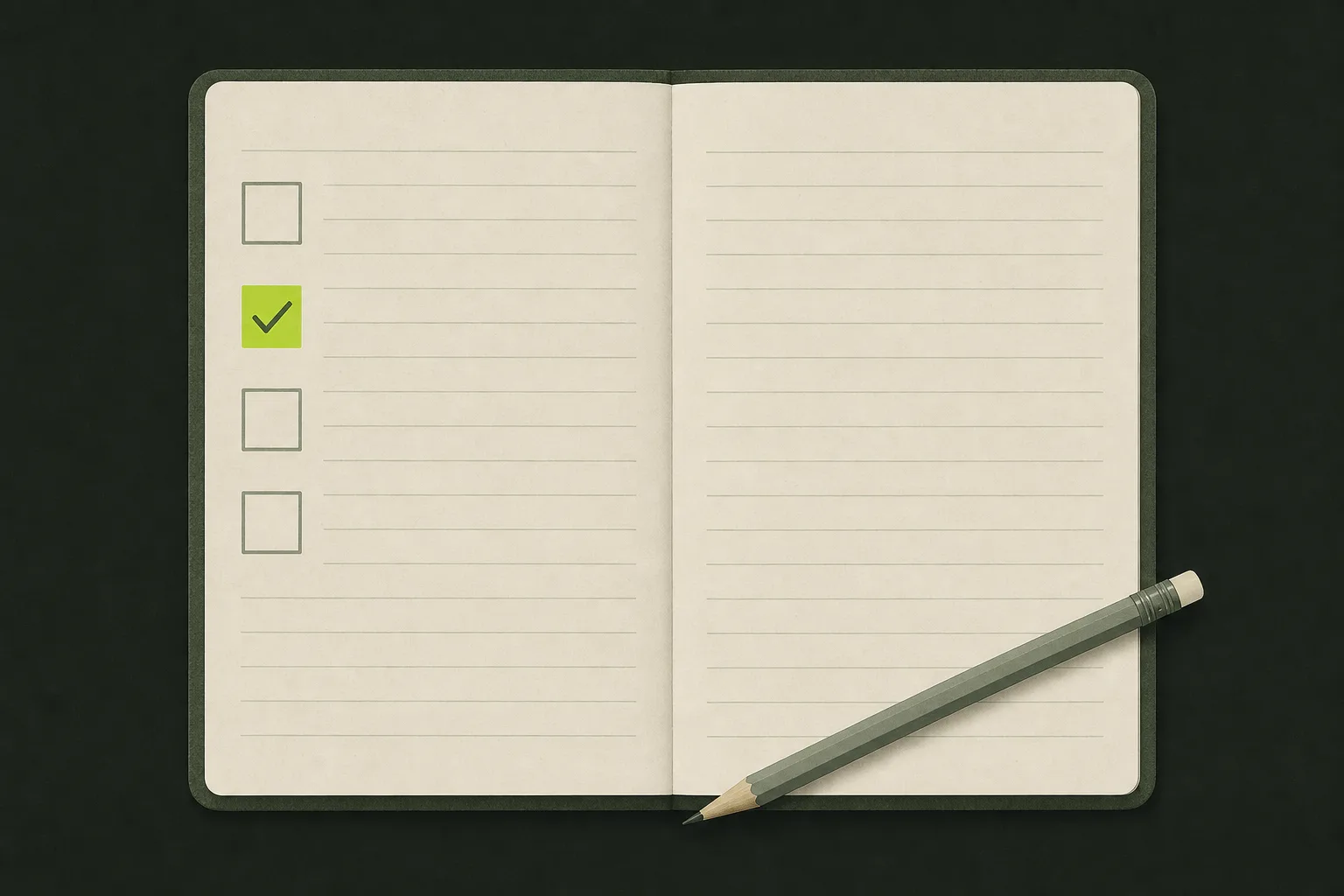 An open ledger on a near-black green-tinted ground with pale sage-grey ruled lines and a column of four empty tick boxes, the second filled solid acid green, a slim pencil lying across the lower corner.