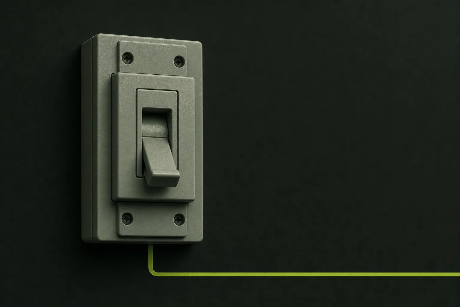 A plain pale sage-grey circuit breaker switch on a near-black green-tinted ground, its lever flicked down, a single thin acid green line running from its base to the edge of the frame.