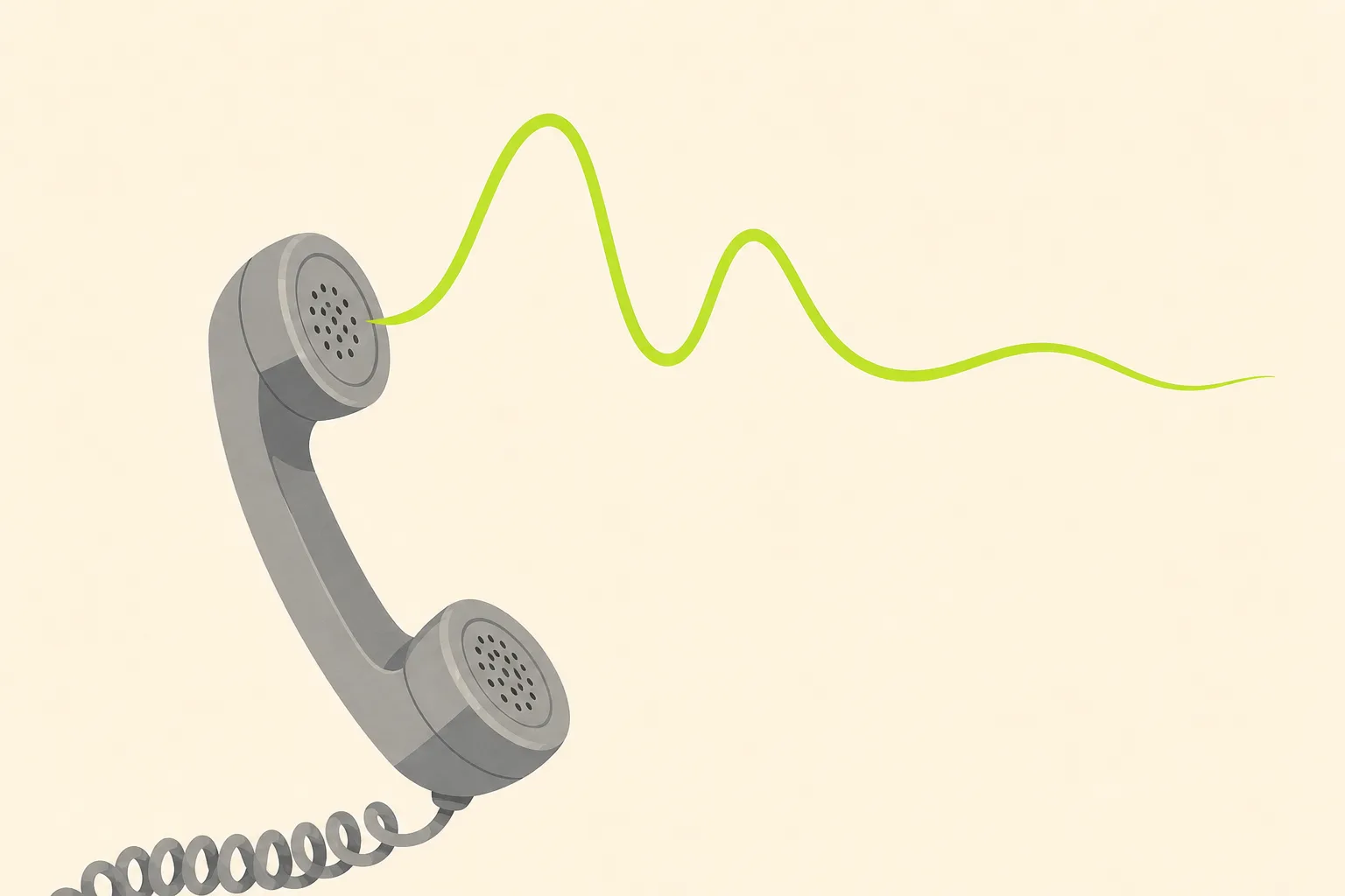 A plain grey rotary telephone handset resting off its cradle on a bone-cream ground, a single acid green sound wave rippling out from the earpiece.