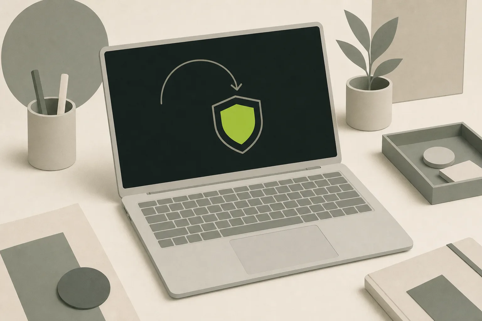 A pale grey laptop open at a shallow angle on a bone-cream desk, its screen a near-black green-tinted panel showing a thin sage-grey shield outline with a curved arrow looping down into it, the shield's centre filled solid acid green.