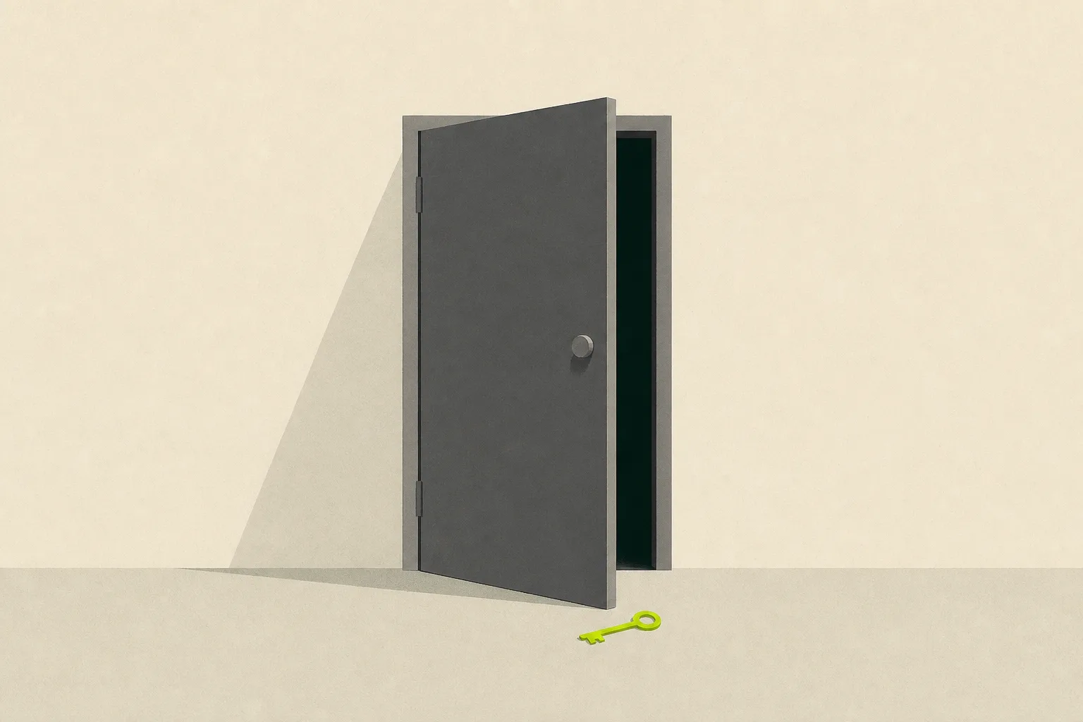 A plain grey door standing ajar in a bone-cream wall, a thin sliver of near-black green-tinted space showing through the gap, with a single flat key lying on the step below rendered solid acid green.