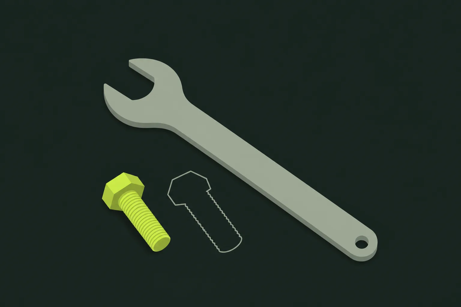 A pale sage-grey spanner lying diagonally on a near-black green-tinted ground beside a solid acid green hex bolt, with a thin outline of an empty bolt shape next to it.